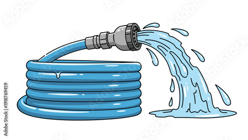 Blue coiled garden hose spraying a steady stream of water onto a small puddle against a clean white background.