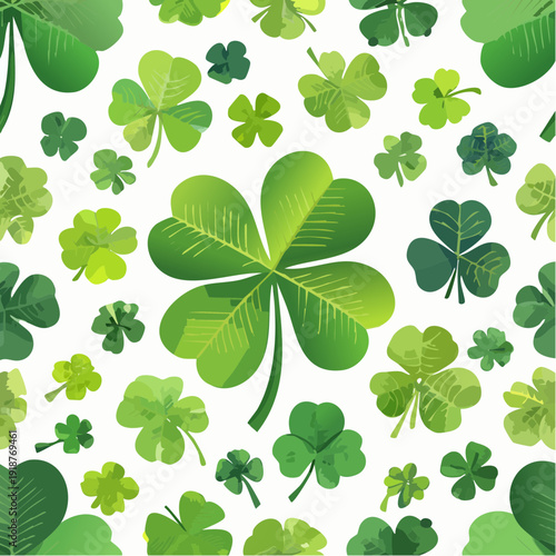 Seamless shamrock and clover pattern with green leaves featuring a vector design of natural Irish spring plants for a St Patrick's Day holiday luck symbol