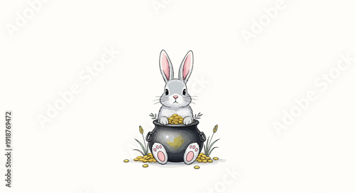 Cute little gray rabbit peeking happily from inside a traditional black pot filled to the brim with shiny gold coins and greenery