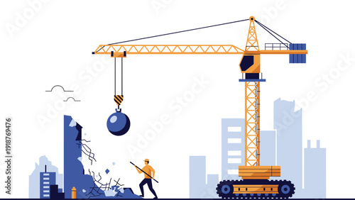 Heavy industrial crane with a large wrecking ball demolishing an old building at an urban construction site with a worker.