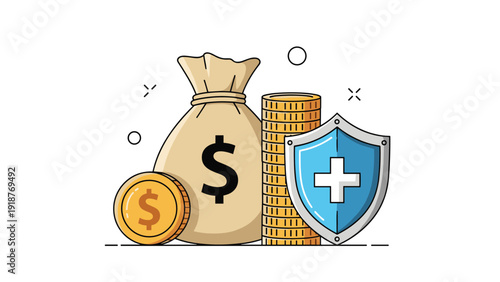 Savings concept featuring a large money bag with a dollar sign next to stacks of gold coins and a medical health shield.