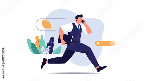 Busy businessman in a suit running quickly while talking on his mobile phone and carrying a laptop case for a meeting.