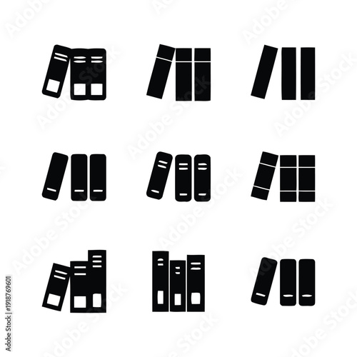 Collection of nine black book stack icons in different arrangements on white background