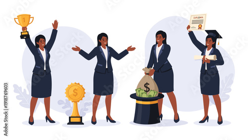 Diverse businesswomen celebrating professional success with a trophy, diploma, money bag, and gold medal awards.