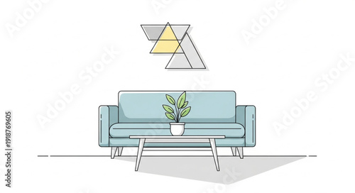 Modern living room sofa with plant and geometric wall art.