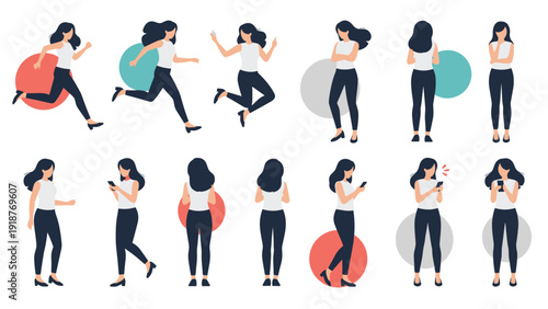 Set of female characters in different active and idle poses including running, jumping, and using a mobile phone.