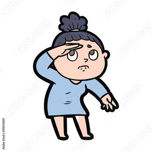 A cartoon girl in a blue dress standing and looking worried with her hand on her forehead, illustrating a state of concern or anxiety.