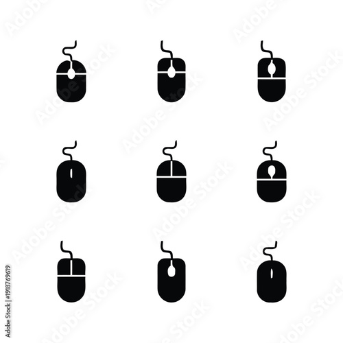 Collection of nine black computer mouse icons on white background vector illustration