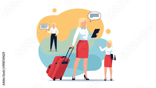 Professional blonde businesswoman in a red skirt traveling with a large red suitcase and holding a clipboard for work.