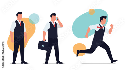 Set of a businessman in various poses including standing, talking on a mobile phone, and running towards a goal.