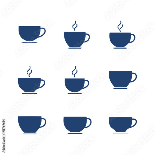 Collection of nine coffee cup icons in dark blue color with steam
