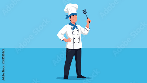 Professional male chef wearing a white uniform and hat holding a spatula while posing against a blue background.