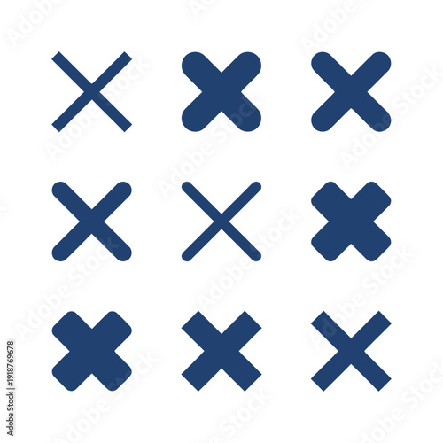 Collection of nine dark blue cross symbols on white background