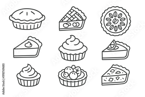Collection of nine delicious pies and tarts for baking and dessert themes