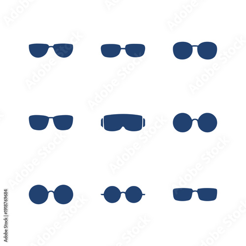 collection of nine diverse pairs of sunglasses icons in a grid on white background