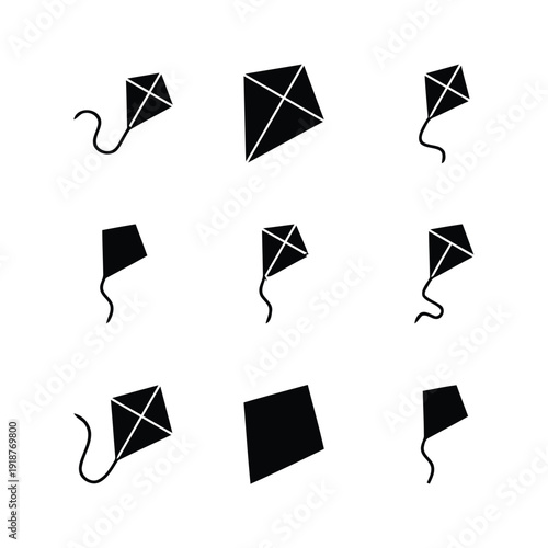 Collection of nine simple black kite icons with different shapes and tails on white background