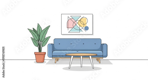 Modern blue sofa with coffee table and potted plant.