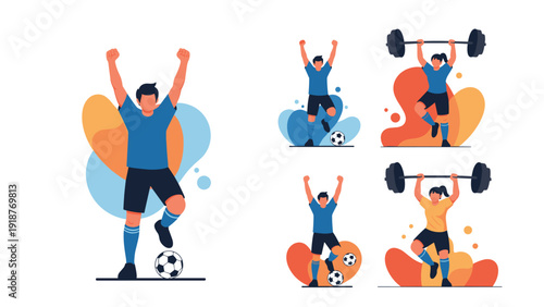 Set of active athletes including soccer players with a ball and weightlifters lifting heavy barbells above their heads.