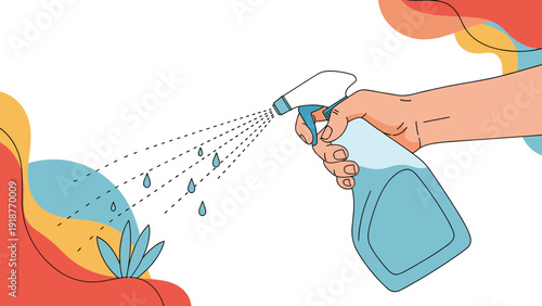 Human hand holding a blue spray bottle and spraying cleaning liquid on plants with abstract colorful shapes in the background.