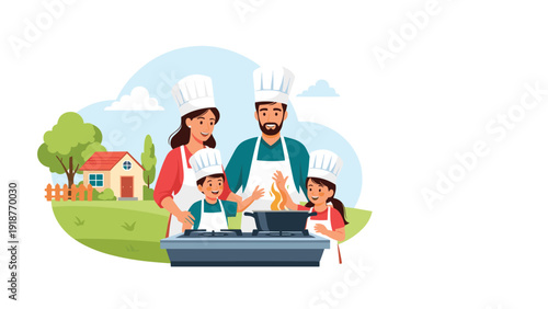 Happy family with parents and children wearing chef hats and aprons while cooking together in a sunny outdoor park setting.