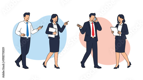 Set of business people in formal suits standing in various professional poses like talking on a phone and holding a tablet.