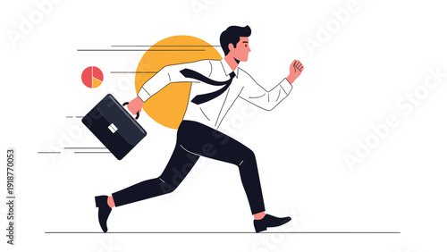 Determined businessman in a white shirt and tie running fast with a briefcase in hand while chasing success and deadlines.