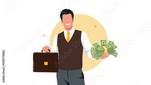 Wealthy businessman smiling while holding a brown briefcase in one hand and a thick stack of green dollar bills in the other.