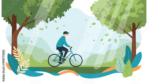 Healthy elderly man with gray hair riding a blue bicycle through a lush green forest with sun rays shining through trees.