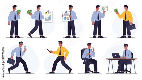 Collection of a businessman in various poses including holding money, analyzing charts, working on a laptop, and using a phone.