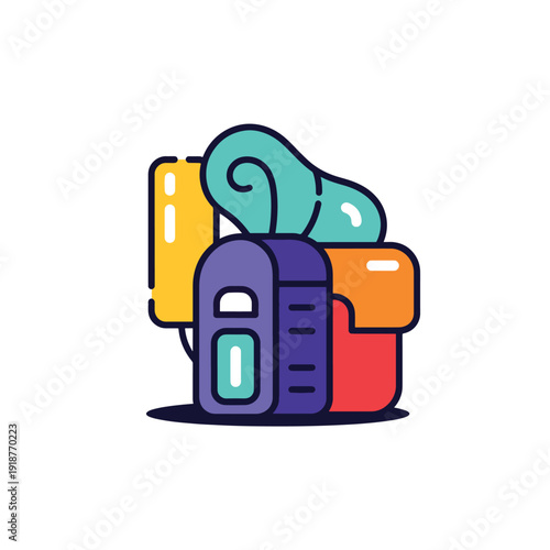 Assorted colorful luggage and travel accessories neatly arranged in a pile