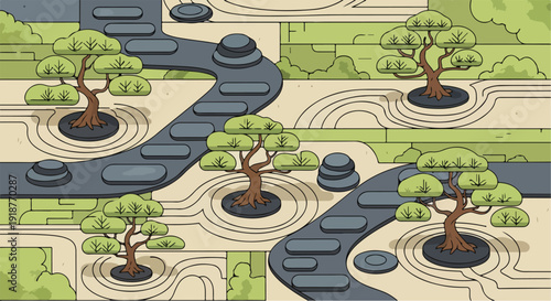 Zen Rock Garden with Bonsai Trees and Stone Path Illustration