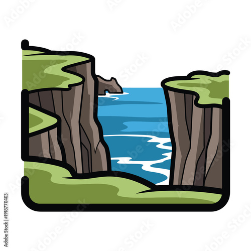 Cliffs and water illustration viewed from above with green land and sea