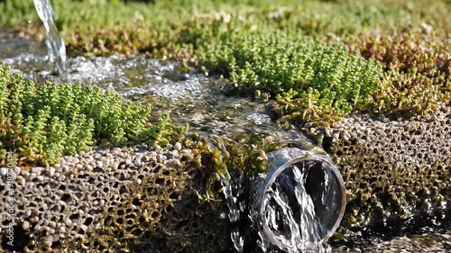 Close-up of a green roof with water flowing through it, showcasing eco-friendly design and natural drainage