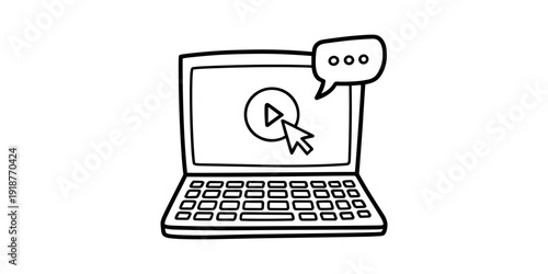 Black and white of laptop with play button and chat bubble computer