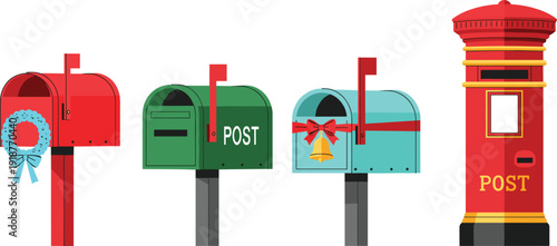 Set of flat vector illustrations featuring various postal boxes including a classic red British pillar box and colorful suburban mailboxes decorated with wreaths bows and bells.