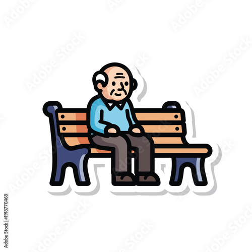 Illustration of an elderly man sitting alone on a wooden bench, viewed from the side.