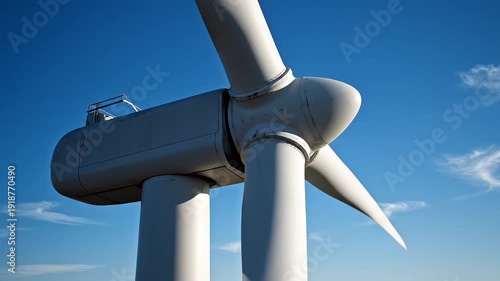 A close-up view of a modern wind turbine against a clear blue sky, showcasing renewable energy technology