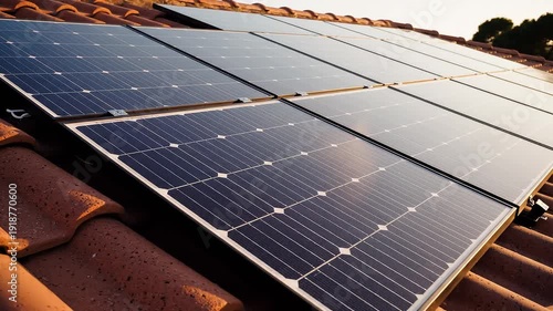 Close-up view of dark photovoltaic solar panels mounted on traditional red clay roof tiles, highlighting clean energy production for residential homes and promoting sustainable living