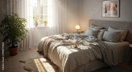 Serene morning light bathes a cozy neutral bedroom featuring a rumpled linen bed with soft pillows, a warm cup of coffee, and a lush potted plant near sheer white curtains.