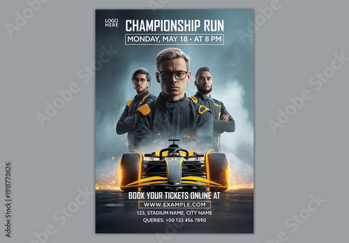 Editable Formula Style Car Racing Championship Event Promotion Flyer Template with Professional Drivers and Speed Motorsport Design.
