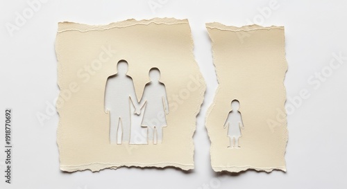 Torn paper depicting family separation concept of divorce or broken relationship with parents and child paper texture and soft off white background