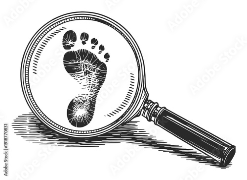 Footprint Under Magnifying Glass: Symbol of Investigation, Discovery, and Tracing