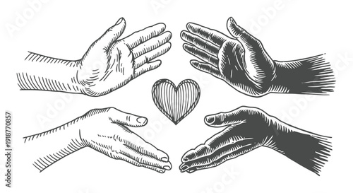 Four Hands Reaching Towards a Heart in Vintage Engraving Style