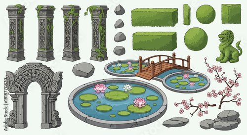 Garden landscape design elements set vector