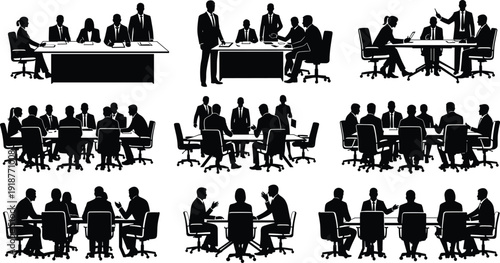 Set of business people silhouettes in meeting cad drawing flat vector illustration with office conference table work and professional discussion