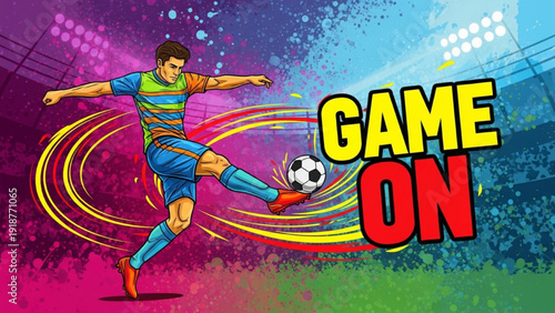 Black Outline Colorful Art of a Soccer Player Kicking Ball with Sweeping Motion Trails, Match Day Game On Energy Concept