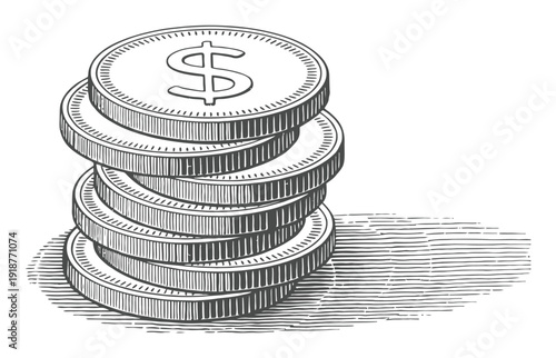 Stack of US Dollar Coins with Shadow, Engraved Style