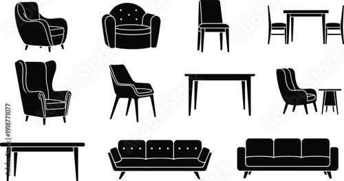 Set of home furniture silhouettes cad drawing flat vector illustration with sofa chair armchair table and interior design house elements