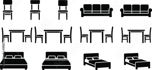 Set of home furniture silhouettes cad drawing flat vector illustration with sofa chair bed table and interior design house elements