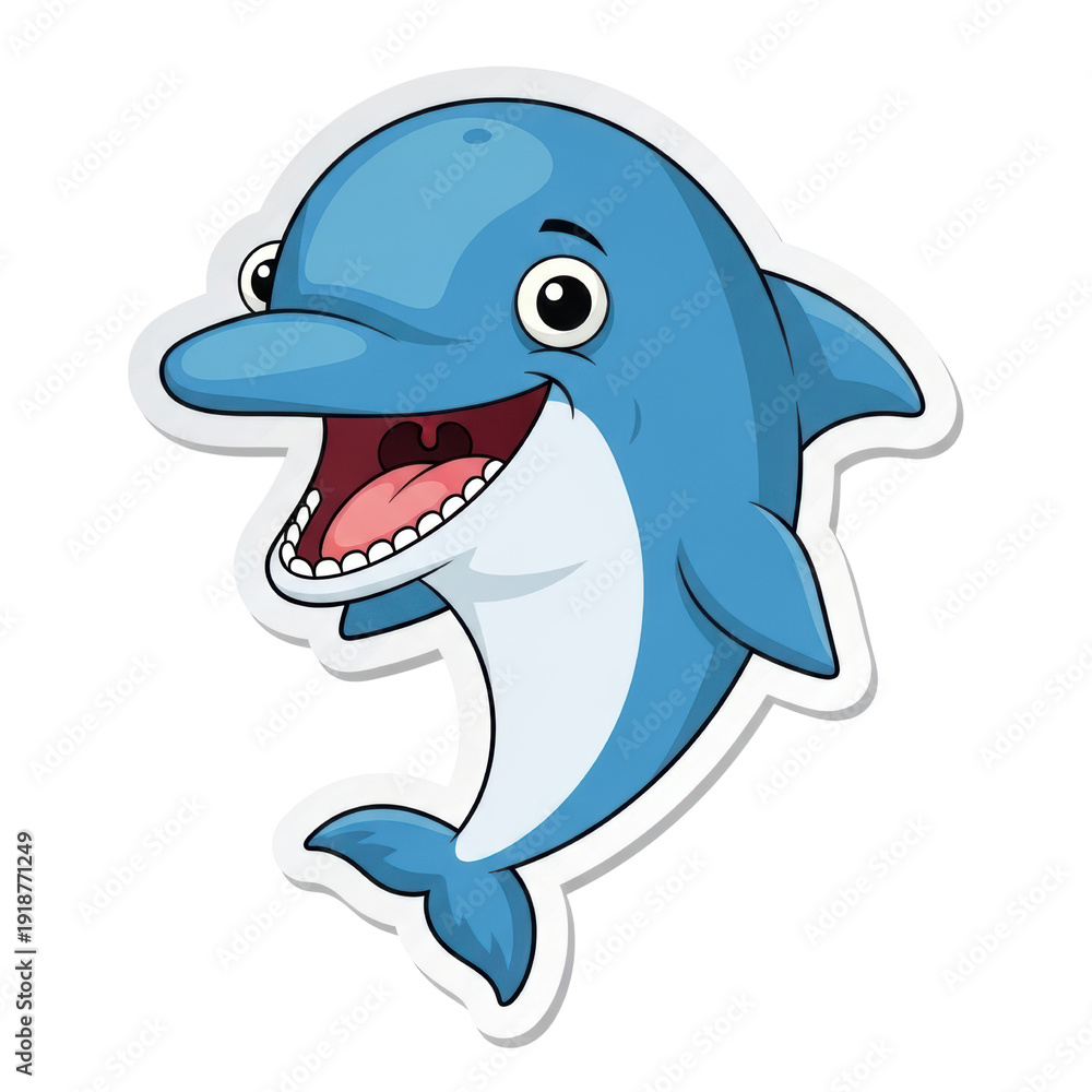 Obraz premium Happy blue cartoon dolphin character with an open mouth and white teeth, depicted as a cheerful marine animal sticker with a white outline. isolated PNG with Transparent Background